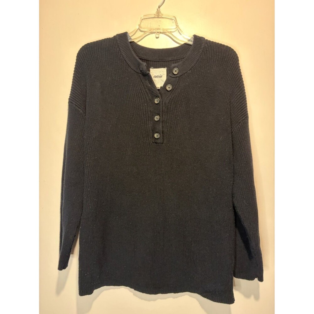 Aerie Black Waffle Knit 100% Cotton Slouchy Sweater 1/4 Button Size M